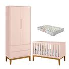 Berço Americano e Guarda Roupa 2 Portas New Classic Rosa com Pés Madeira e Colchão Gazin Reller