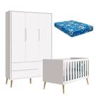 Berço Americano e Guarda Roupa 3 Portas Infantil Theo Branco Acetinado com Pés Madeira Natural e Colchão Reller Berço Americano e Guarda Roupa 3 Portas Infantil Theo Branco Acetinado com Pés Madeira Natural e Colchão Reller