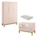 Berço Americano e Guarda Roupa 3 Portas New Classic Rosa com Pés Madeira e Colchão Gazin Reller