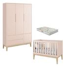 Berço Americano E Guarda Roupa 3 Portas New Classic Rosa Com Pés Madeira Natural E Colchão Gazin Reller