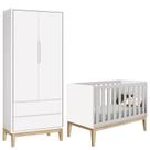 Berço Americano e Guarda Roupa Classic 2 Portas Branco com Pés Madeira Natural Reller