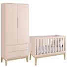 Berço Americano e Guarda Roupa Classic 2 Portas Rosa com Pés Madeira Natural Reller