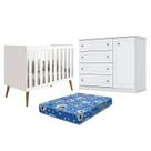 Berço Americano Isis Branco Acetinado - Reller e Cômoda Infantil Americano Branco HP e Colchão Ortobom - Henn