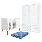 Berço Americano Isis Branco Acetinado - Reller e Guarda Roupa Infantil Americano 4 Portas Branco HP e Colchão Ortobom Henn