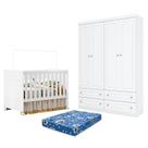 Berço Americano Katatau Branco Acetinado - Reller e Guarda Roupa Infantil Americano 4 Portas Branco HP e Colchão Ortobom Henn