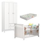 Berço Americano Lara e Guarda Roupa Infantil Mel Flat 3 Portas Branco Brilho com Colchão Gazin Carolina