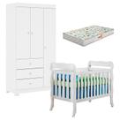 Berço Americano Lila e Guarda Roupa Duda 3 Portas Branco Brilho com Colchão Gazin Phoenix Baby