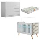 Berço Americano Lorena com Capitonê Bege Cômoda Infantil Eloá Branco Acetinado com Colchão Gazin Phoenix Baby