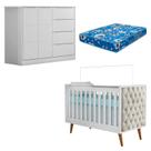 Berço Americano Lorena com Capitonê Bege Cômoda Infantil Eloá Branco Acetinado com Colchão Ortobom Phoenix Baby