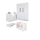 Berço Americano Mini Cama c/ Colchão + Guarda Roupa Roupeiro e Cômoda Aquarela 100% MDF Branco para Quarto