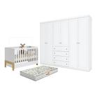 Berço Americano Mini Cama Fantasia Branco Acetinado Qmovi e Guarda Roupa Casal Americano 6 Portas Branco HP e Colchão Gazin Henn