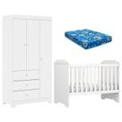 Berço Americano Mini Cama Mel e Guarda Roupa Duda 3 Portas Branco Brilho com Colchão Ortobom Phoenix Baby