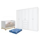 Berço Americano Mini Cama Q Encanto Slim Branco Acetinado - Qmovi e Guarda Roupa Casal Americano 6 Portas Branco HP e Colchão Ortobom Henn