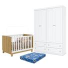 Berço Americano Mini Cama Q Encanto Slim Freijó Branco Acetinado - Qmovi e Guarda Roupa Infantil Americano 4 Portas Branco HP e Colchão Ortobom Henn