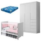 Berço Americano Tico e Guarda Roupa Infantil Eloá Branco Acetinado com Colchão Ortobom Phoenix Baby