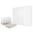 Berço Americano Unique Branco Soft Eco Wood - Matic e Guarda Roupa Casal Americano 6 Portas Branco HP e Colchão Gazin - Henn