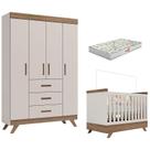 Berço Americano Vitória e Guarda Roupa Infantil Retrô Maya Off White Carvalho com Colchão Gazin Carolina