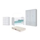 Berço Bala de Menta, Cômoda Labirinto e Guarda Roupa Americano 4 Pts Branco e Colchão - FdECOR