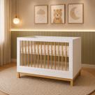 Berço Evolutivo 2 em 1 vira Mini Cama 3 ajustes de altura para o colchão em MDF 15mm Quater Branco com Carvalho Malva Linha Cozy Brinde Colchão