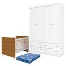 Berço Nacional Mel Branco Savana Reller e Guarda Roupa Infantil Americano 4 Portas Branco HP e Colchão Ortobom Henn