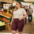 Bermuda em sarja com Elastano, Cintura Alta Brim Plus Size Cor:MarsalaTamanho:G1 Bermuda em sarja com Elastano, Cintura Alta Brim Plus Size Cor:MarsalaTamanho:G1