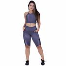 Bermuda Fitness Feminina Bolso Cós Alto Cirre Textura Brilho Orbis - M, cinza