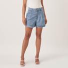 Bermuda Jeans Cintura Alta Pregas Barra Italiana Azul Claro