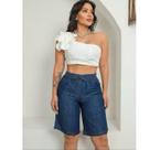 Bermuda jeans feminina com elástico 100% algodão c/bolsos tecido leve e confortável