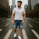 Bermuda Jeans Masculina Rasgada Casual Homem Slim 474
