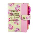 Biblia Letra Grande C/harpa E Botão - Floral E Rosa