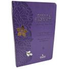 Bíblia Sagrada Letra Extra Gigante c/ Harpa, Texto Colorido Palavras Jesus em Vermelho - Capa Lilás Flor Prata