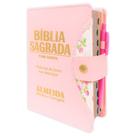 Bíblia Sagrada Letra Grande - Rosa - Botão e Caneta Revista e Corrigida - Com Harpa