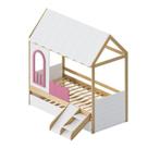 Bicama Reversivel Casinha com Telhado e Led, com Janela, Grade e Escadinha New Garden Casatema Rosa/Natural