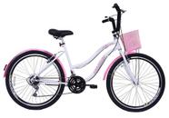 Bicicleta Aro 26 Feminina Beach Retrô 18 Marchas Branca e Rosa Bicicleta Aro 26 Feminina Beach Retrô 18 Marchas Branca e Rosa