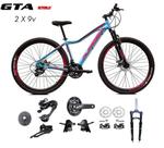 Bicicleta Aro 29 Alfameq Pandora Kit 2x9 Gta Sunrun Freio Disco K7 11/36 Pedivela 24/38d Garfo com Trava - Azul/Rosa