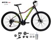 Bicicleta Aro 29 Alfameq Pandora Kit 2x9 Gta Sunrun Freio Disco K7 11/36 Pedivela 24/38d Garfo com Trava - Preto/Amarelo/Pink