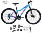 Bicicleta Aro 29 Feminina Gta Start Kit 2x9 Gta Sunrun Freio Disco K7 Garfo com Trava Azul/Rosa