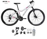 Bicicleta Aro 29 GTA Start Feminina Kit 2x9 Gta Sunrun Freio Disco K7 11/36 Pedivela 24/38d Garfo com Trava - Branco/Cinza/Rosa