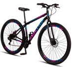 Bicicleta Aro 29 Highlevel Aço Carbono Freios A Disco 21 Marchas Preto Azul e Rosa