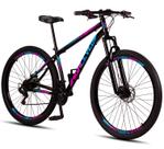 Bicicleta Aro 29 Highlevel Aço Carbono Freios a Disco Suspensão 21 marchas Preto Azul e Rosa