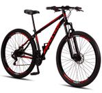 Bicicleta Aro 29 Highlevel Aço Carbono Freios a Disco Suspensão 21 marchas Preto e Vermelho