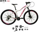 Bicicleta Aro 29 KSW MWZA Feminina Kit 2x9 Gta Sunrun Freio Disco K7 11/36 Pedivela 24/38d Garfo com Trava - Branco/Pink/Violeta Bicicleta Aro 29 KSW MWZA Feminina Kit 2x9 Gta Sunrun Freio Disco K7 11/36 Pedivela 24/38d Garfo com Trava - Branco/Pink/Violeta