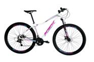 Bicicleta Aro 29 Ksx Sd7 Feminina Alumínio 21v Cabos Internos Freios a Disco Garfo Suspensão Branco/Pink/Azul