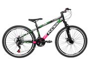 Bicicleta Freeride Aro 26 Flay KOG 18v Freio a Disco Suspensão Dianteira Preto Rosa Verde