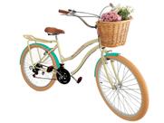 Bicicleta retrô aro 26 com cesta vime 18v bagageiro Bege azt