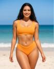 Biquíni com Top Esportivo e Calcinha Cintura Alta Franzida Cor:Laranja NeonTamanho:M
