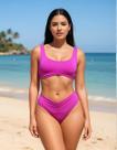 Biquíni com Top Esportivo e Calcinha Cintura Alta Franzida Cor:Rosa PinkTamanho:M