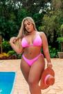 Biquíni cortininha com babadinho e calcinha fio duplo rosa neon plus size