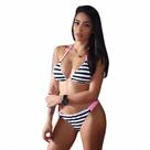Biquíni Cortininha Listrado Preto/Branco Com Trança Lateral Rosa - Tam: M