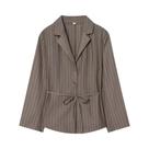 Blazer Chic Listrado Marrom Para Escritório Com Calças De Cintura Alta E Pernas Largas, Conjuntos